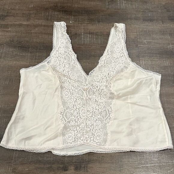 Vintage '60s Olga Lace Trim V Neck Pink Satin Floral Camisole Tank Top Slip 38 - Picture 2 of 5